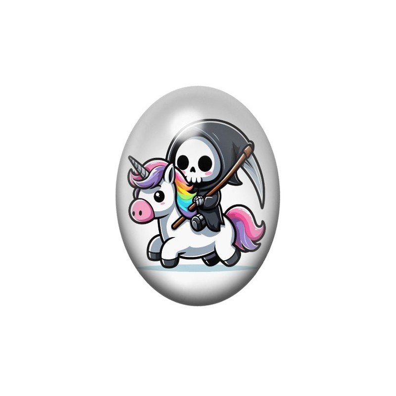 Cabochon en Verre Illustré Faucheuse Licorne Halloween 13x18, 18x25 ou 30x40mm