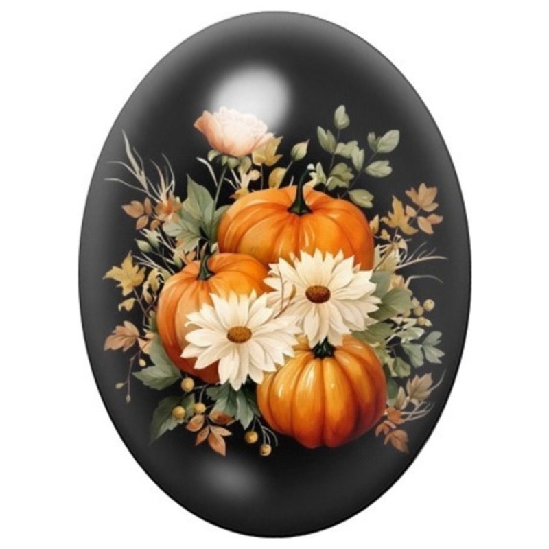 Cabochon en Verre Illustré Bouquet de Citrouilles et Marguerites Blanches 13x18, 18x25 ou 30x40mm