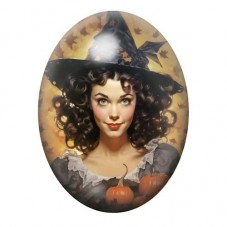 Cabochon en Verre Illustré Sorcière Brune Rétro aux Citrouilles 13x18, 18x25 ou 30x40mm pour la création de bijoux fantaisie - D