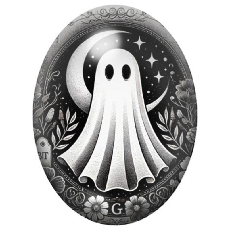 Cabochon en Verre Illustré Fantôme Blanc dans un Médaillon Noir et Blanc 13x18, 18x25 ou 30x40mm