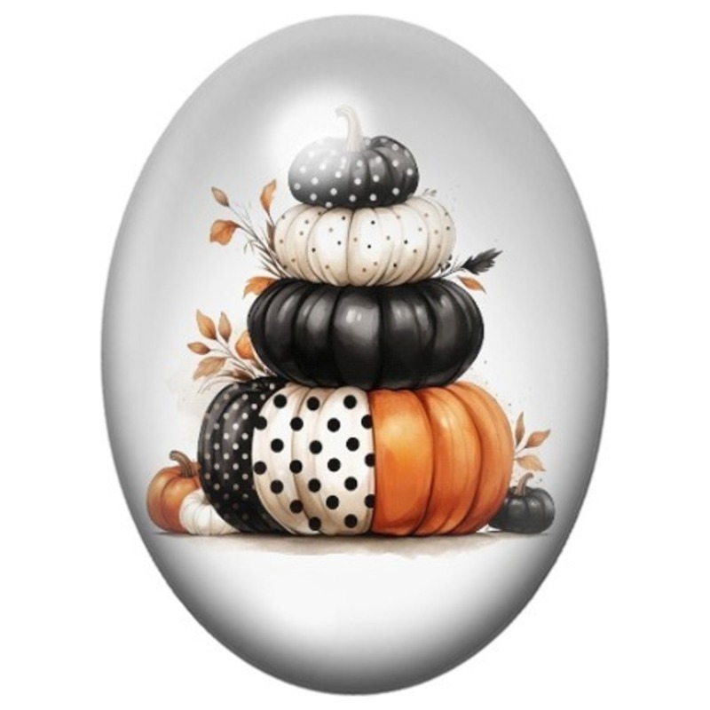 Cabochon en Verre Illustré Pile de Citrouilles Noire Blanche et Orange 13x18, 18x25 ou 30x40mm