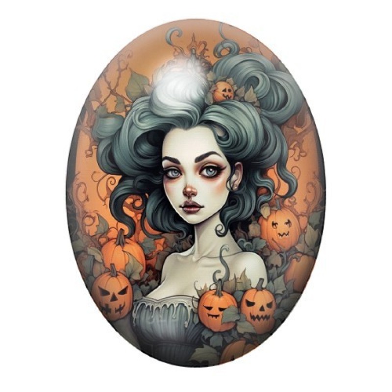 Cabochon en Verre Illustré Femme Fantôme aux Cheveux Vert Gris et aux Citrouilles 13x18, 18x25 ou 30x40mm