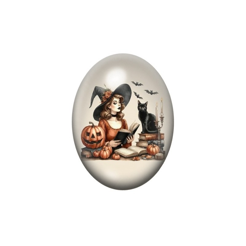 Cabochon en Verre Illustré Sorcière Halloween 13x18, 18x25 ou 30x40mm