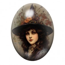 Cabochon en Verre Illustré Sorcière Brune au Chapeau Fleuri 13x18, 18x25 ou 30x40mm pour la création de bijoux fantaisie - DIY
