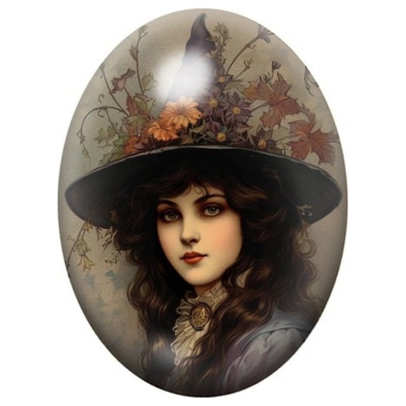 Cabochon en Verre Illustré Sorcière Brune au Chapeau Fleuri 13x18, 18x25 ou 30x40mm