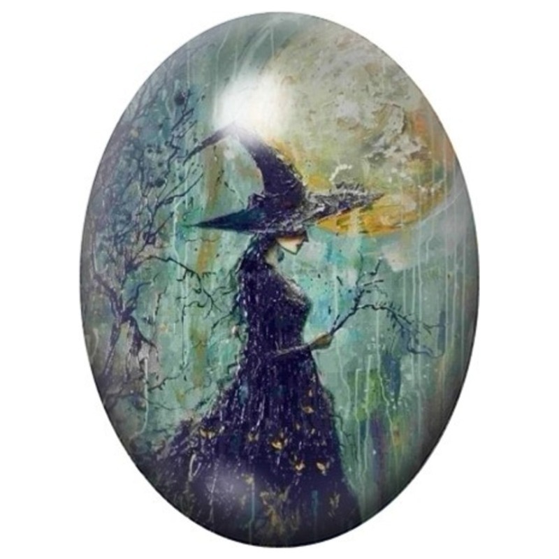 Cabochon en Verre Illustré Sorcière en Aquarelle Bleue 13x18, 18x25 ou 30x40mm