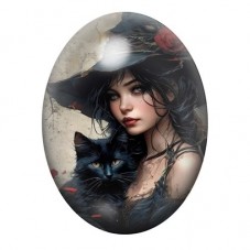 Cabochon en Verre Illustré Sorcière au Chat Noir 13x18, 18x25 ou 30x40mm pour la création de bijoux fantaisie - DIY