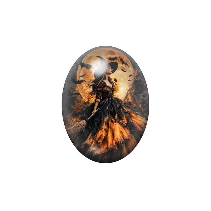 Cabochon en Verre Illustré Sorcière Halloween 13x18, 18x25 ou 30x40mm