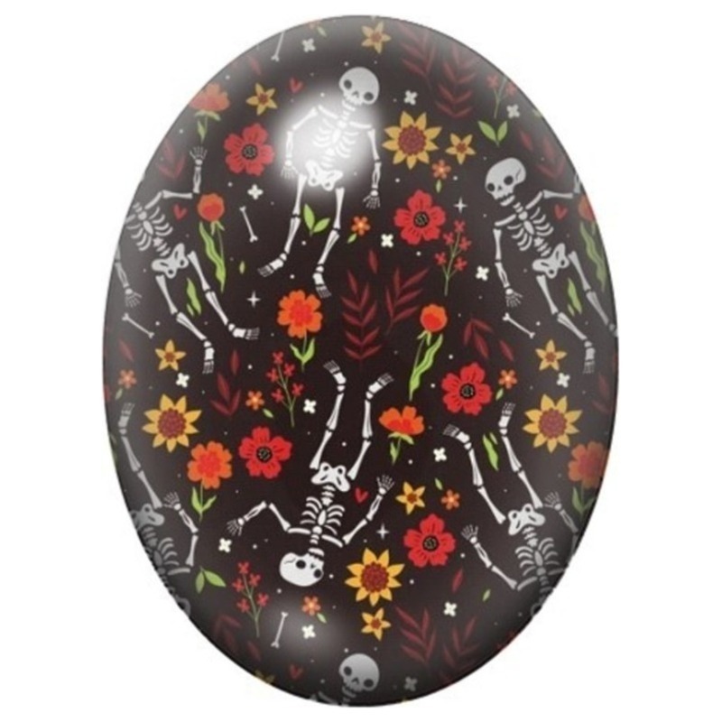Cabochon en Verre Illustré Squelette dans un Jardin Fleuri d’Halloween 13x18, 18x25 ou 30x40mm