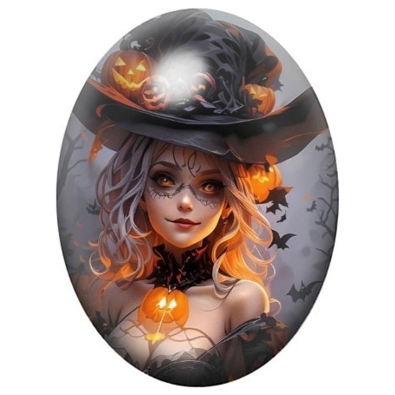 Cabochon en Verre Illustré Sorcière aux Cheveux Argentés et aux Citrouilles 13x18, 18x25 ou 30x40mm