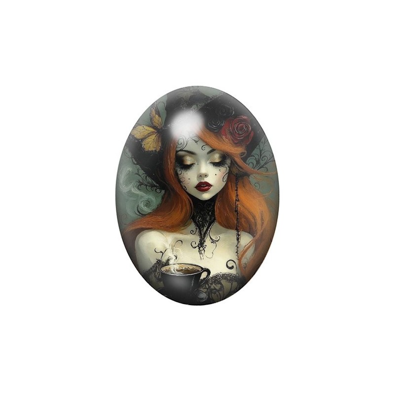 Cabochon en Verre Illustré Sorcière Halloween 13x18, 18x25 ou 30x40mm