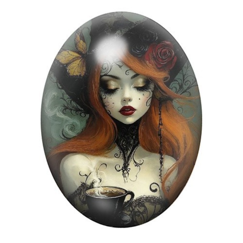 Cabochon en Verre Illustré Sorcière Rousse à la Potion 13x18, 18x25 ou 30x40mm