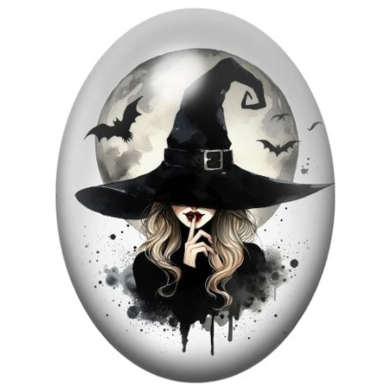 Cabochon en Verre Illustré Sorcière Mystérieuse sous un Chapeau Noir 13x18, 18x25 ou 30x40mm