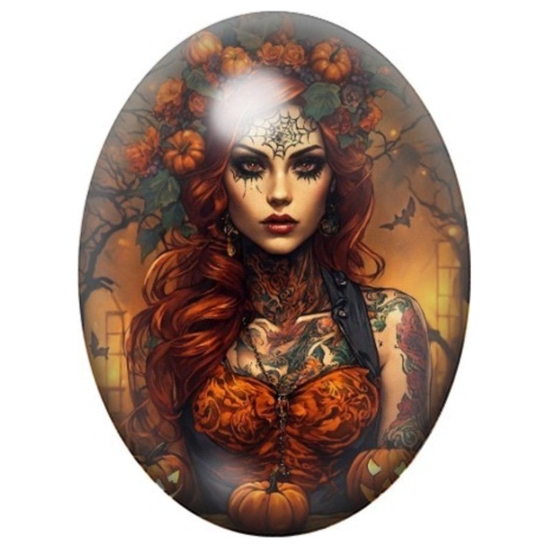 Cabochon en Verre Illustré Sorcière Rousse au Bouquet de Roses Orange 13x18, 18x25 ou 30x40mm