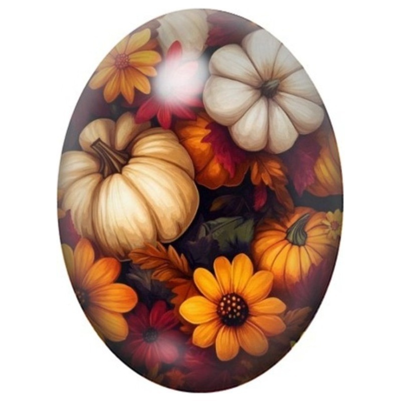 Cabochon en Verre Illustré Citrouille Blanche dans les Fleurs d’Automne 13x18, 18x25 ou 30x40mm