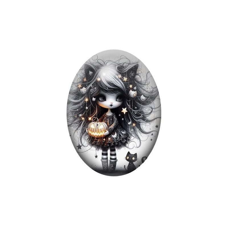 Cabochon en Verre Illustré Sorcière Halloween 13x18, 18x25 ou 30x40mm