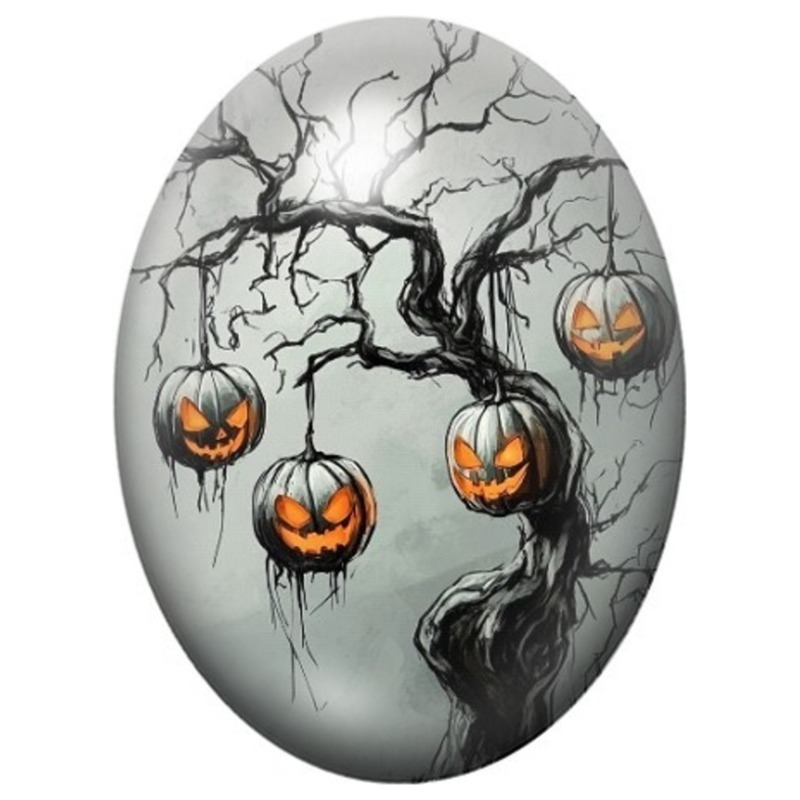 Cabochon en Verre Illustré Arbre Noir aux Citrouilles Suspendues 13x18, 18x25 ou 30x40mm