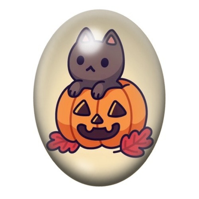 Cabochon en Verre Illustré Chat Citrouille Halloween 13x18, 18x25 ou 30x40mm