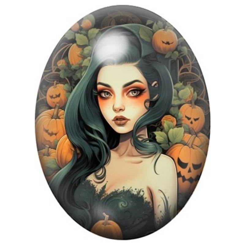 Cabochon en Verre Illustré Femme aux Cheveux Verts parmi les Citrouilles 13x18, 18x25 ou 30x40mm