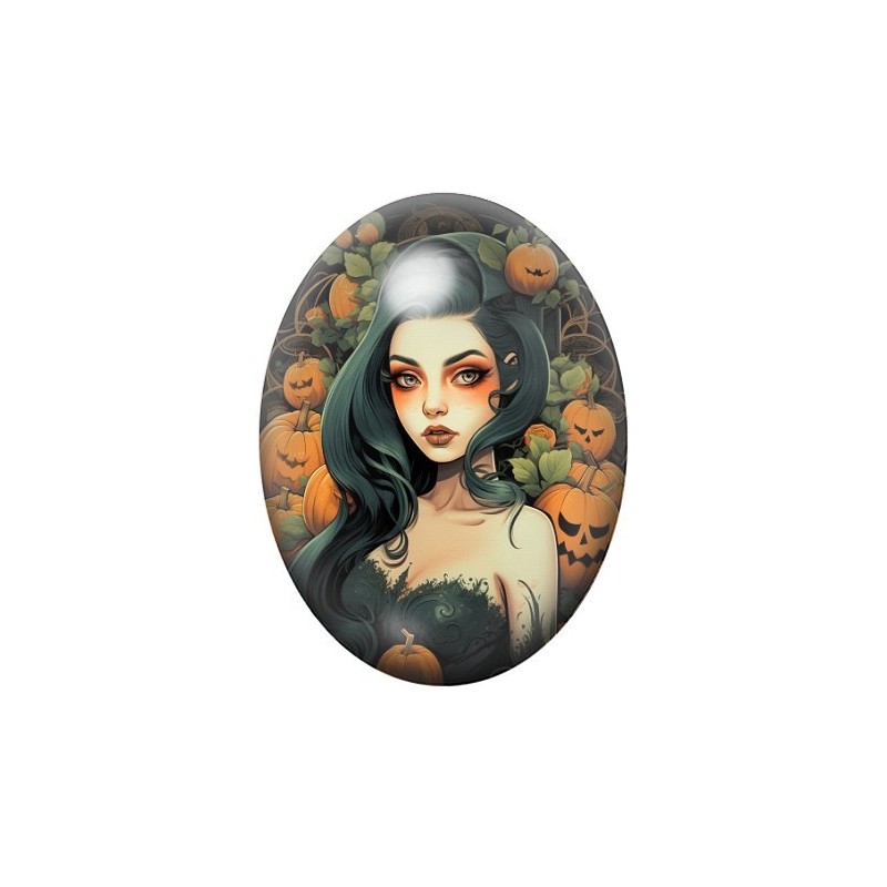 Cabochon en Verre Illustré Femme Citrouilles Halloween 13x18, 18x25 ou 30x40mm