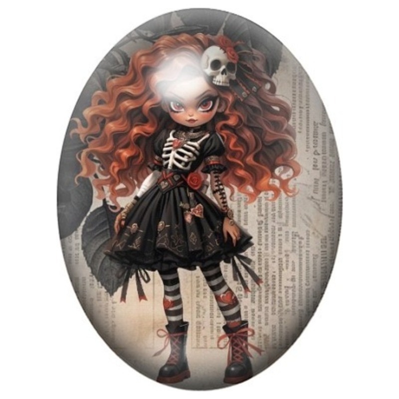 Cabochon en Verre Illustré Petite Fille Squelette aux Cheveux Roux 13x18, 18x25 ou 30x40mm