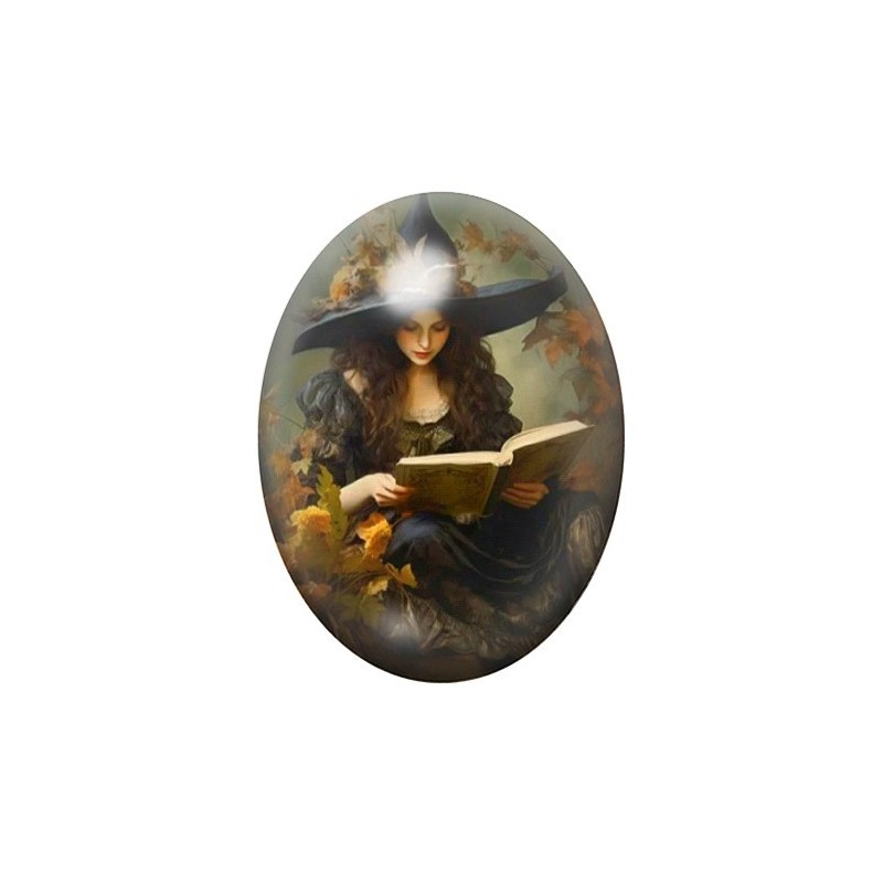 Cabochon en Verre Illustré Sorcière Halloween 13x18, 18x25 ou 30x40mm