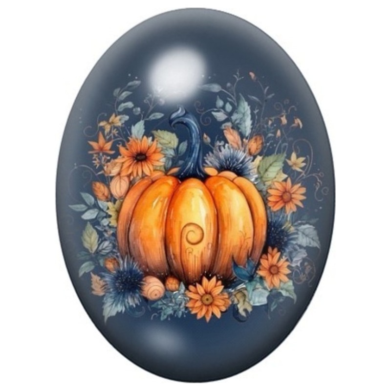 Cabochon en Verre Illustré Citrouille Orange dans un Bouquet Bleu 13x18, 18x25 ou 30x40mm
