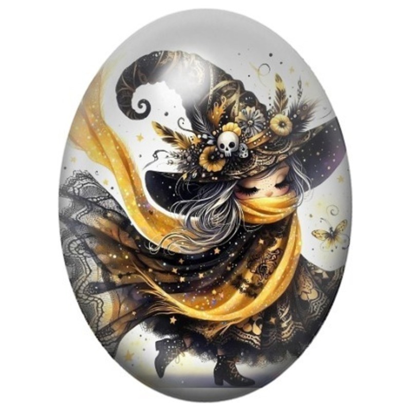 Cabochon en Verre Illustré Sorcière en Aquarelle Or et Noir aux Crânes 13x18, 18x25 ou 30x40mm