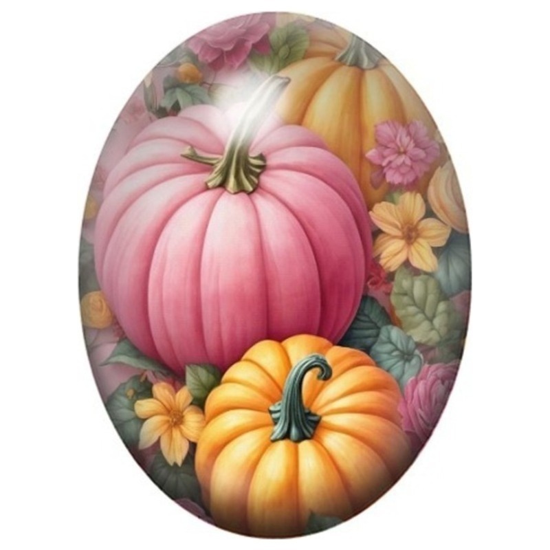 Cabochon en Verre Illustré Citrouilles Roses et Fleurs d’Automne 13x18, 18x25 ou 30x40mm