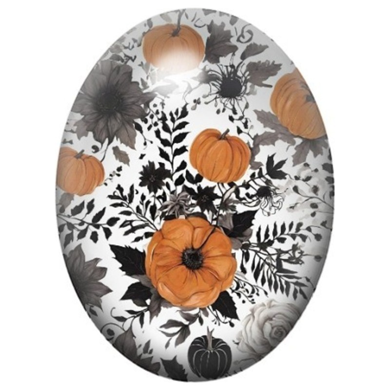 Cabochon en Verre Illustré Citrouilles Orange en Herbier Noir et Blanc 13x18, 18x25 ou 30x40mm