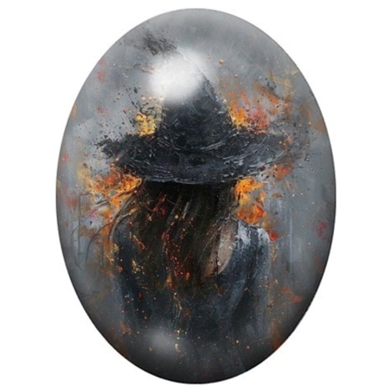 Cabochon en Verre Illustré Sorcière Abstraite aux Éclats Orange 13x18, 18x25 ou 30x40mm