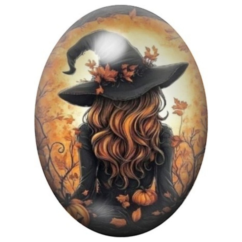 Cabochon en Verre Illustré Sorcière Rousse dans la Forêt d’Automne 13x18, 18x25 ou 30x40mm