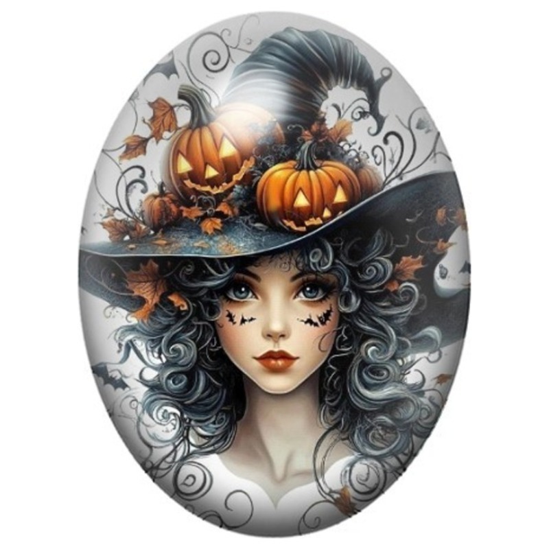 Cabochon en Verre Illustré Sorcière au Chapeau de Citrouilles 13x18, 18x25 ou 30x40mm