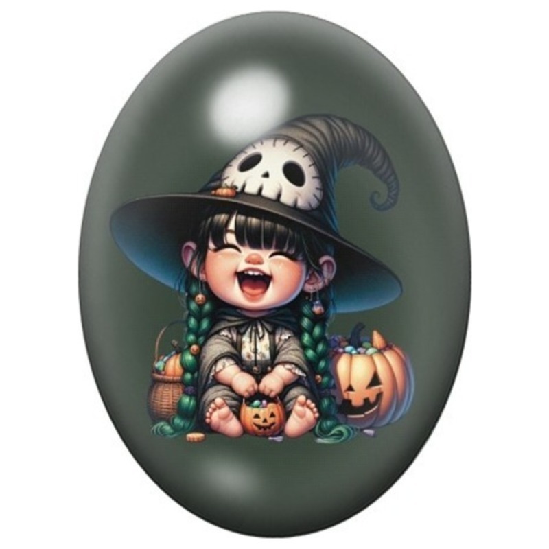 Cabochon en Verre Illustré Petite Sorcière Kawaii au Crâne 13x18, 18x25 ou 30x40mm