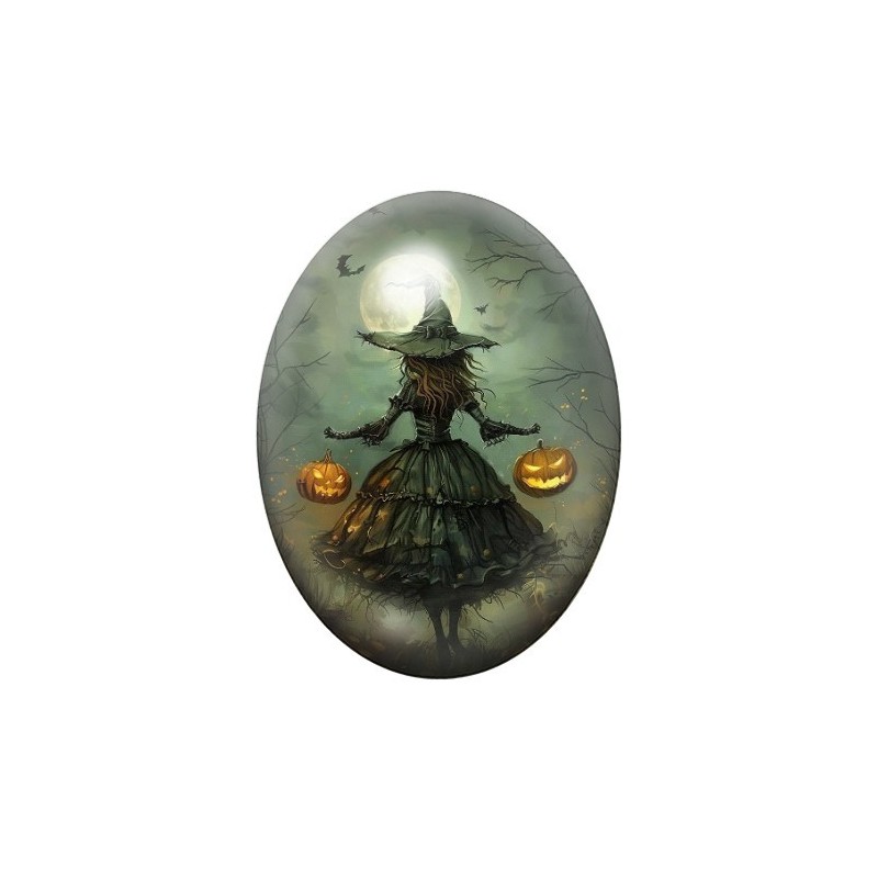 Cabochon en Verre Illustré Sorcière Halloween 13x18, 18x25 ou 30x40mm