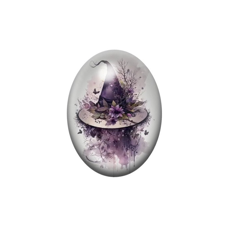 Cabochon en Verre Illustré Chapeau de Sorcière Halloween 13x18, 18x25 ou 30x40mm