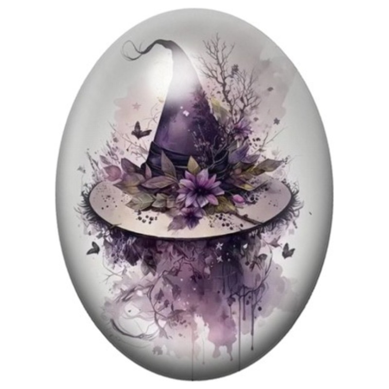 Cabochon en Verre Illustré Chapeau de Sorcière Violet aux Fleurs 13x18, 18x25 ou 30x40mm