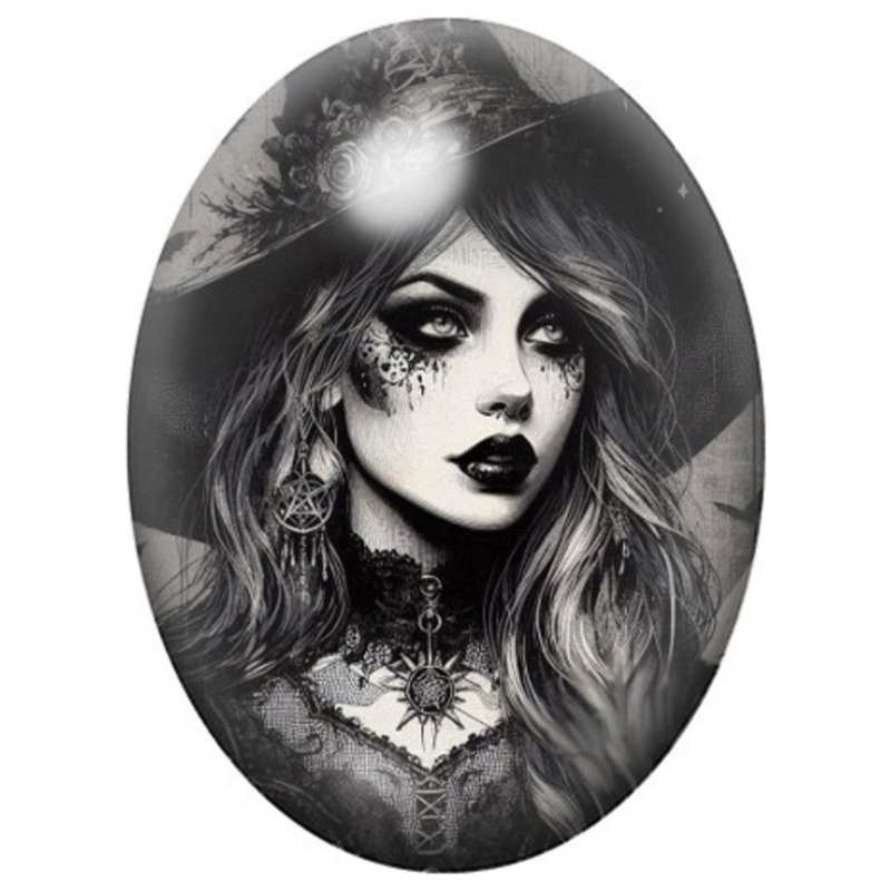Cabochon en Verre Illustré Sorcière Gothique en Noir et Blanc 13x18, 18x25 ou 30x40mm