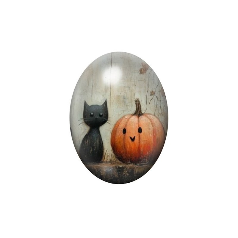 Cabochon en Verre Illustré Chat Noir Citrouilles Halloween 13x18, 18x25 ou 30x40mm
