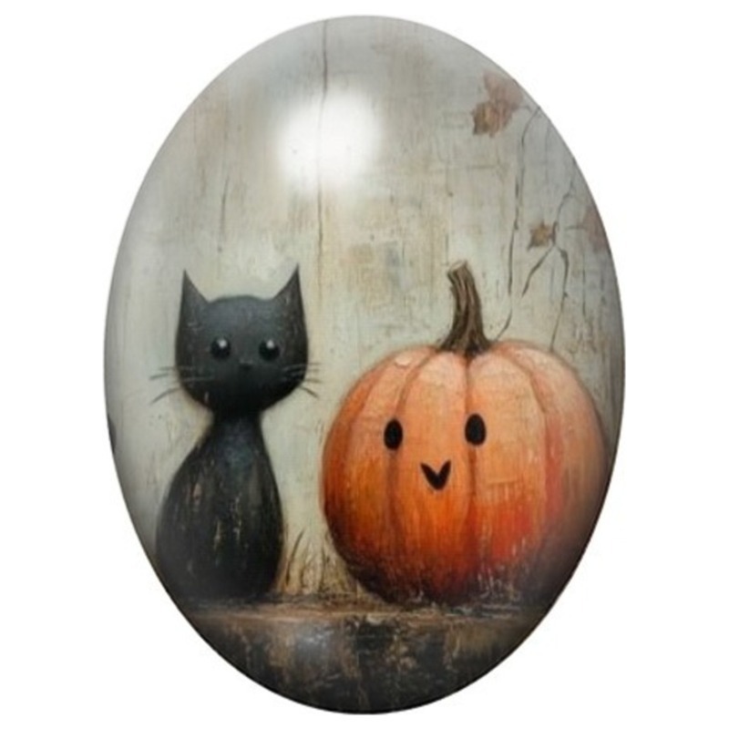 Cabochon en Verre Illustré Chat Noir et Citrouille Souriante 13x18, 18x25 ou 30x40mm