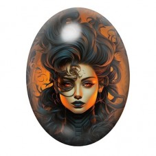 Cabochon en Verre Illustré Femme Calavera aux Volutes Orange 13x18, 18x25 ou 30x40mm pour la création de bijoux fantaisie - DIY