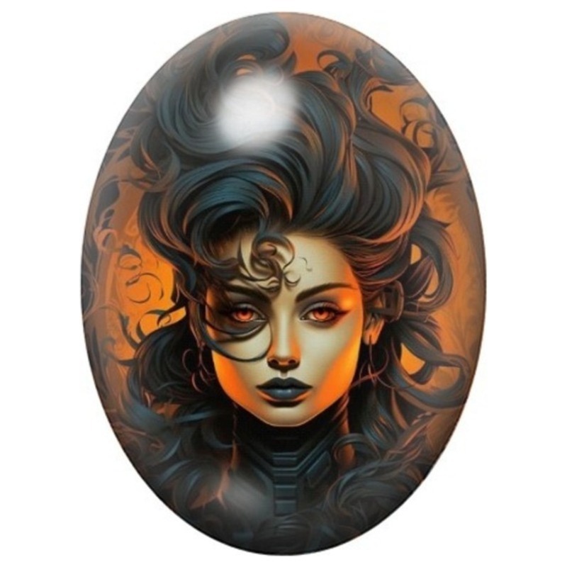 Cabochon en Verre Illustré Femme Calavera aux Volutes Orange 13x18, 18x25 ou 30x40mm