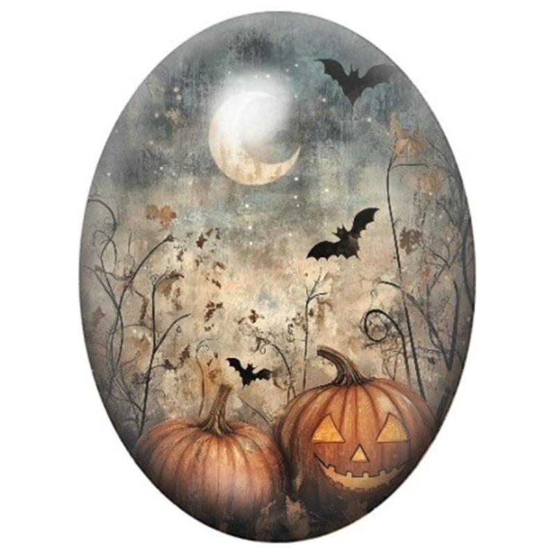 Cabochon en Verre Illustré Citrouilles dans le Cimetière Brumeux 13x18, 18x25 ou 30x40mm