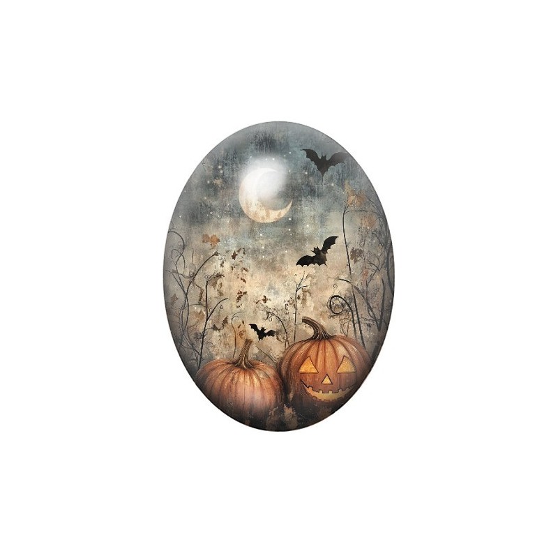 Cabochon en Verre Illustré Lune Citrouilles Halloween 13x18, 18x25 ou 30x40mm