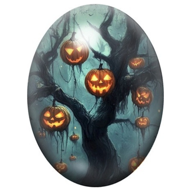 Cabochon en Verre Illustré Citrouilles Lumineuses dans l’Arbre 13x18, 18x25 ou 30x40mm
