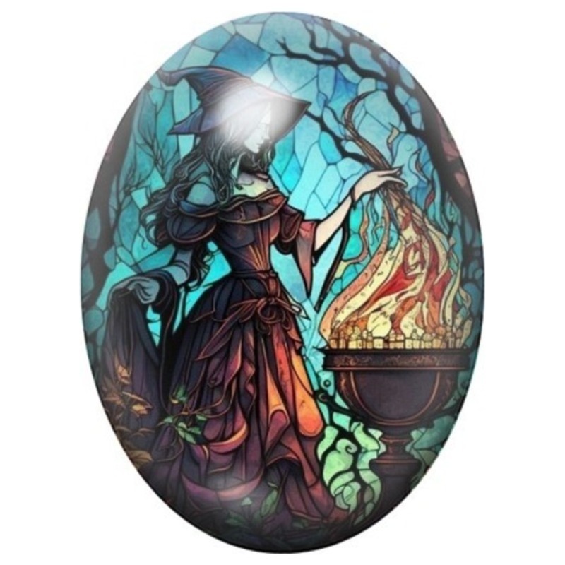 Cabochon en Verre Illustré Sorcière au Chaudron en Vitrail 13x18, 18x25 ou 30x40mm
