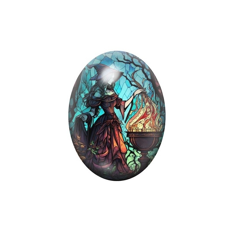Cabochon en Verre Illustré Sorcière Halloween 13x18, 18x25 ou 30x40mm