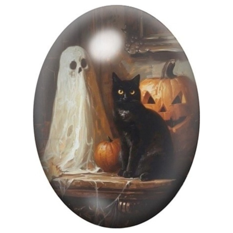 Cabochon en Verre Illustré Fantôme Chat Noir et Citrouille sous un Porche 13x18, 18x25 ou 30x40mm