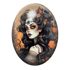 Cabochon en Verre Illustré Femme Calavera aux Cheveux Noirs et aux Roses Orange 13x18, 18x25 ou 30x40mm pour la création de bijo