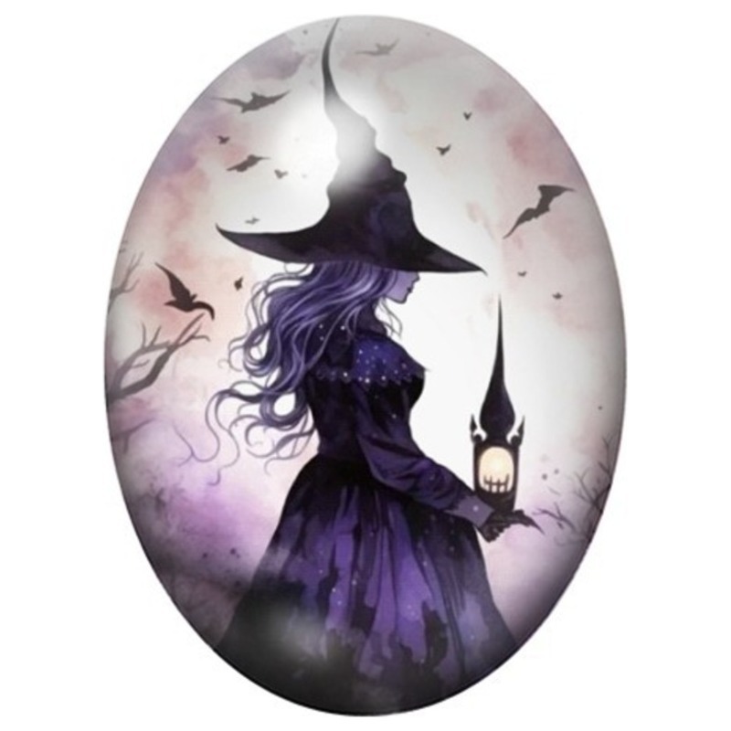 Cabochon en Verre Illustré Sorcière Violette tenant une Lanterne 13x18, 18x25 ou 30x40mm
